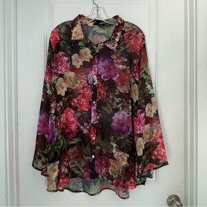 Denim 24/7 Black Floral Print Button Down Flowy Long Sleeve Blouse